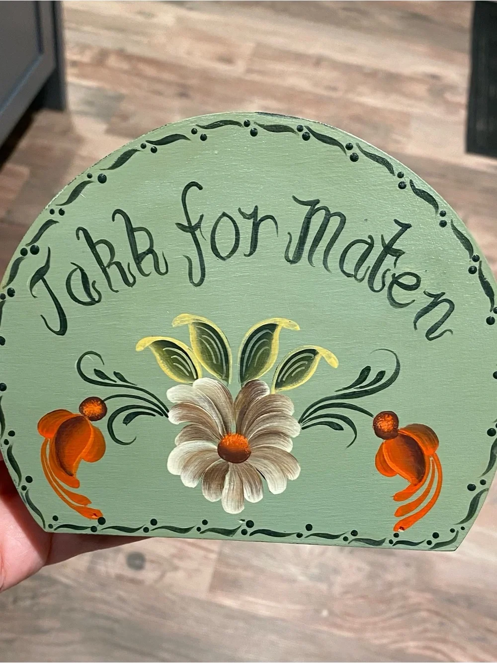 Hand-Painted Folk Art Green Floral Napkin Holder by S. Jones